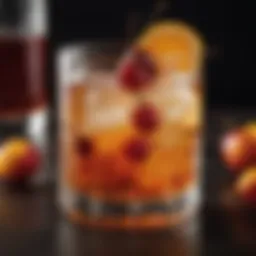 A vintage cocktail glass filled with a sweet old fashioned drink garnished with a cherry and orange peel.