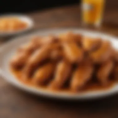 A close-up of a plate featuring wings generously coated in B-Dubs sauce