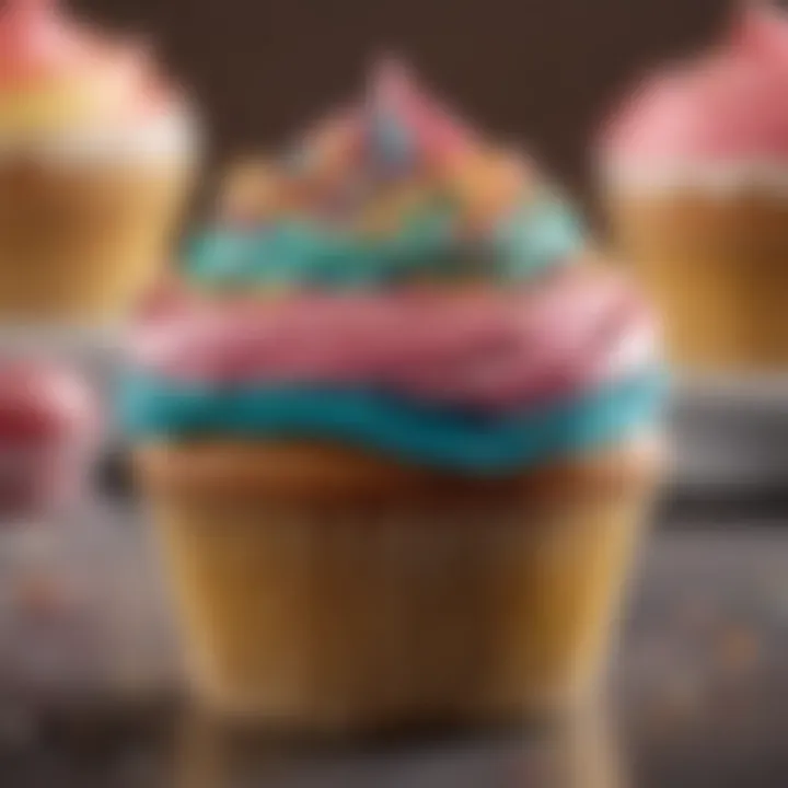 Close-up of a beautifully decorated cupcake with colorful frosting and sprinkles