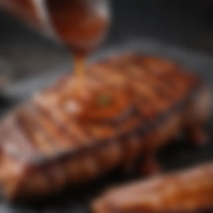 A close-up of a flavorful barbecue sauce drizzled on grilled meat