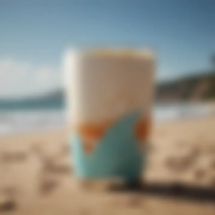 Close-up of a stylish insulated tumbler with a beach backdrop