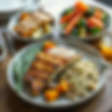 A beautifully presented meal with grilled fish, roasted vegetables, and quinoa, embodying a balance of flavors and nutrients.