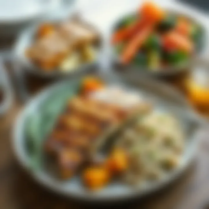 A beautifully presented meal with grilled fish, roasted vegetables, and quinoa, embodying a balance of flavors and nutrients.