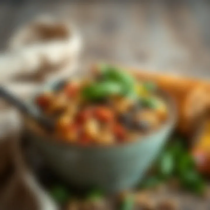 An elegant bowl filled with hearty legumes and grains, surrounded by fresh herbs and spices.