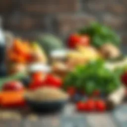 A colorful assortment of nutrient-dense foods on a wooden table, showcasing various fruits, vegetables, and whole grains.