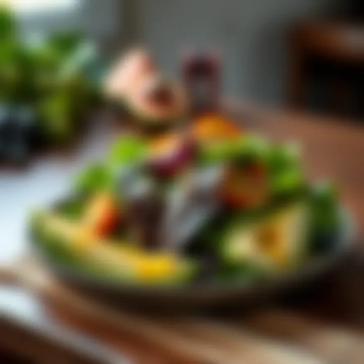 A vibrant salad featuring leafy greens, avocados, seeds, and a drizzle of olive oil, arranged artfully on a plate.