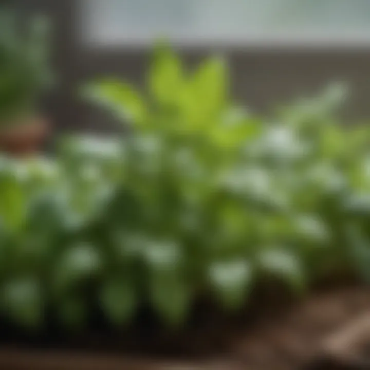 Close-up of thriving basil and parsley in an indoor herb garden.