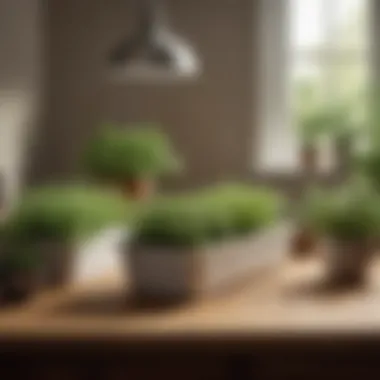 An elegant indoor garden setup with herbs growing in natural light.