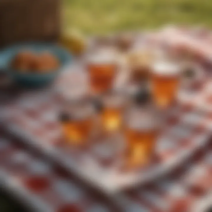 A collection of stylish plastic glasses arranged on a picnic blanket