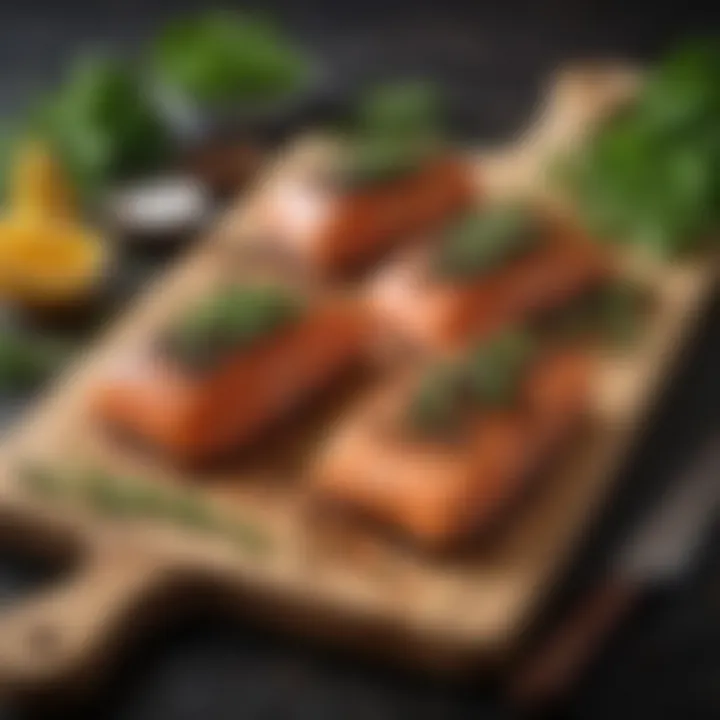 Fresh black top salmon fillets on a wooden cutting board with herbs and spices