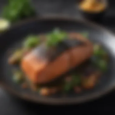 A beautifully plated black top salmon dish garnished with herbs