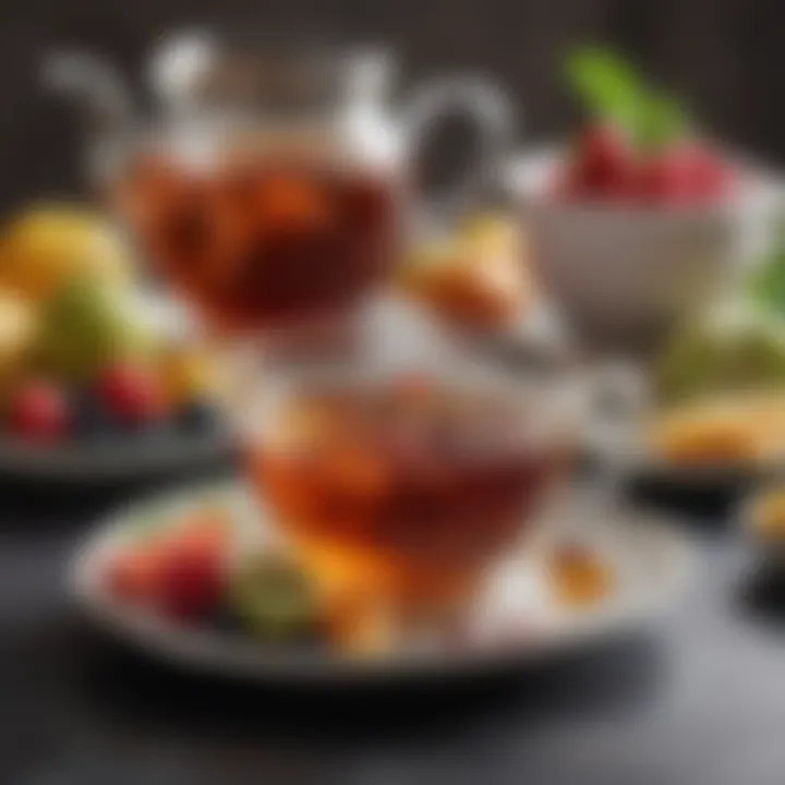 A steaming cup of herbal tea beside a plate of fruits