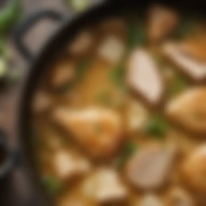 A close-up of a hearty chicken broth with aromatic spices and green onions.