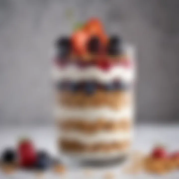 A close-up of a refreshing yogurt parfait layered with berries and granola.