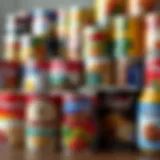 Variety of canned goods showcasing colorful labels and diverse contents