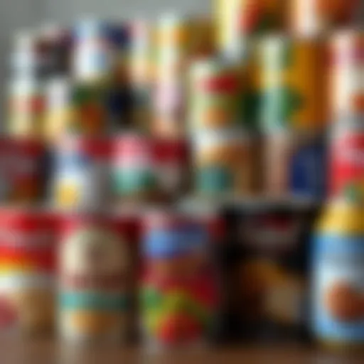Variety of canned goods showcasing colorful labels and diverse contents