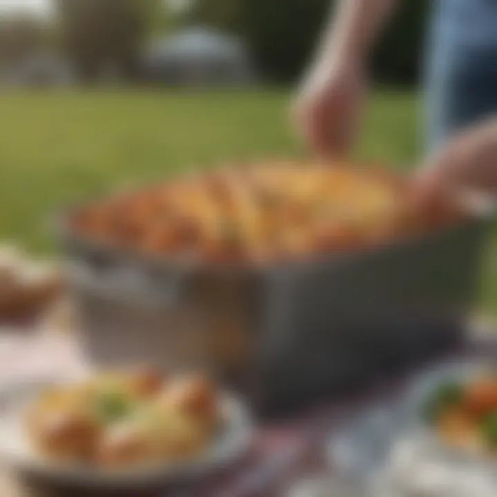 A casserole tote in use at a picnic, filled with a delicious casserole dish.