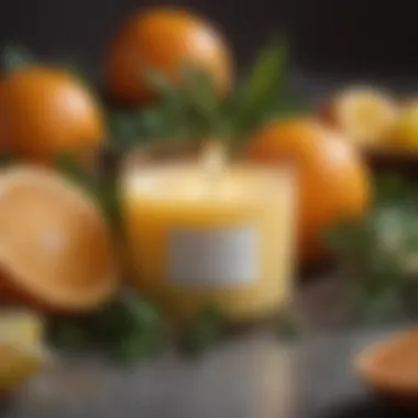 Close-up of a candle with a refreshing citrus scent, surrounded by fresh fruits and herbs.