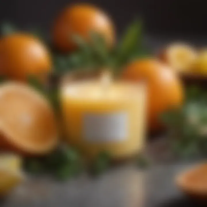 Close-up of a candle with a refreshing citrus scent, surrounded by fresh fruits and herbs.