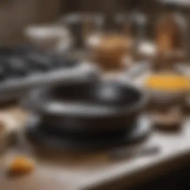 Tools and materials necessary for cast iron maintenance laid out on a countertop