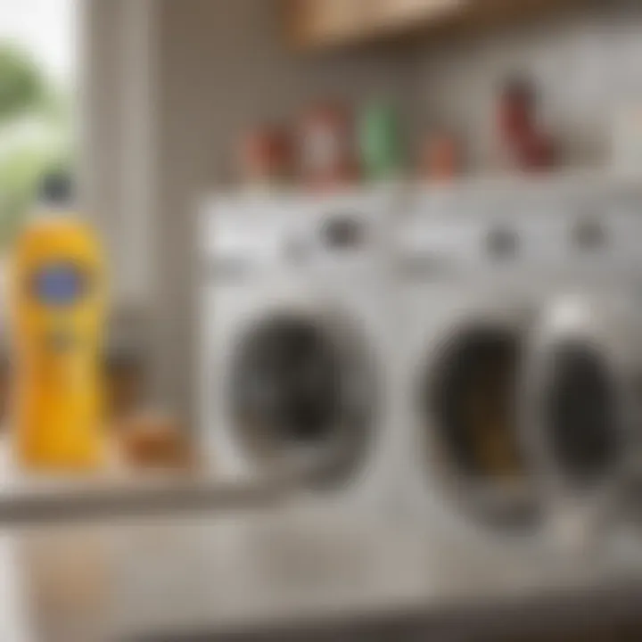 Various cleaning agents for washing machines arranged on a countertop