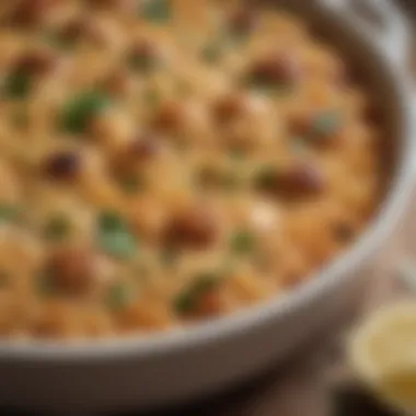 A close-up of the baked rice dish showcasing its texture and color.