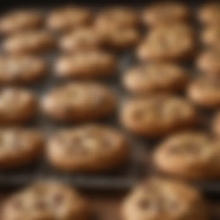 A freshly baked tray of golden brown chocolate chip cookies