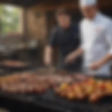 A chef enthusiastically grilling various meats and vegetables on a combo grill