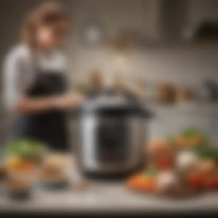 An inviting scene of a home chef consulting a cookbook while using a mini Instant Pot, surrounded by fresh ingredients