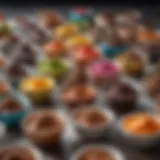 Colorful array of melted chocolate in various bowls