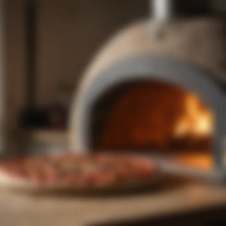 Close-up view of a two stone pizza oven in action with a pizza inside.