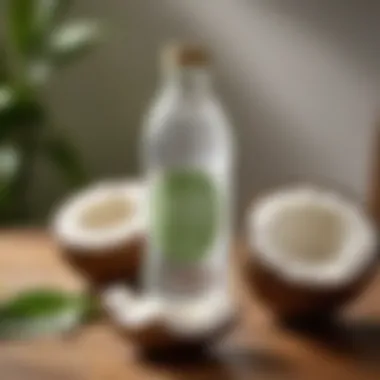 Close-up of Harmless Harvest coconut water bottle on a wooden table