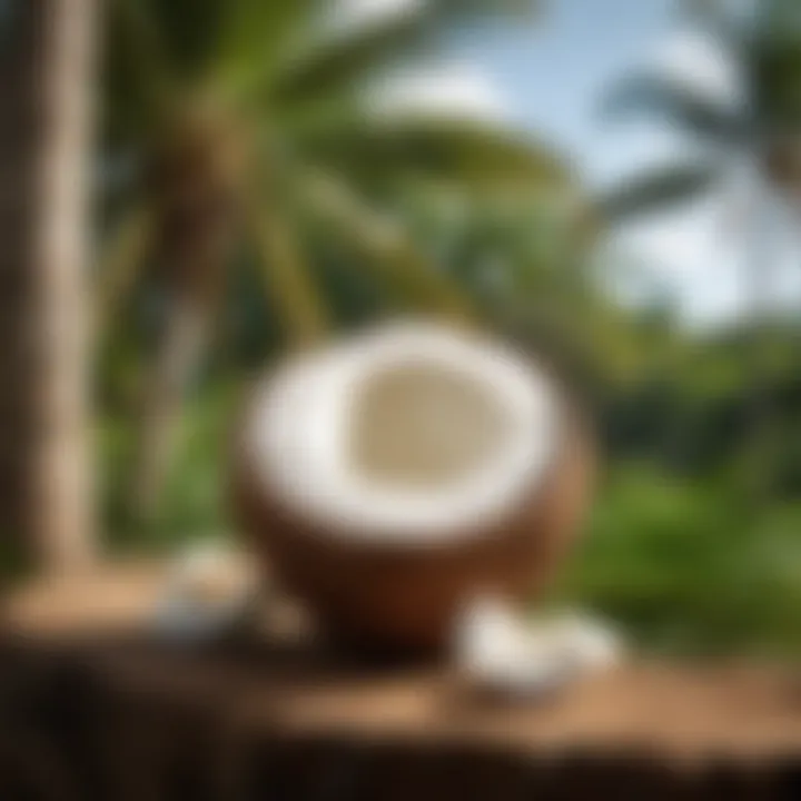 Fresh coconut surrounded by tropical greenery