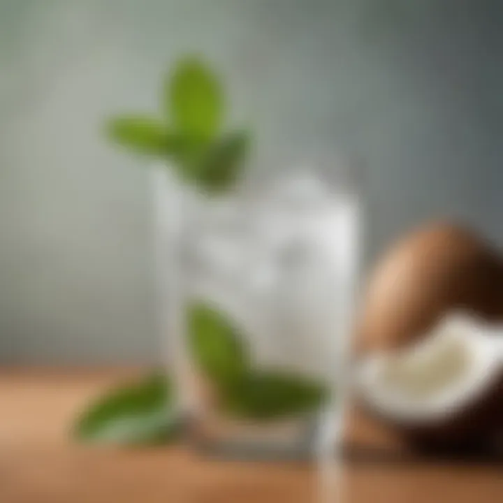 A refreshing glass of coconut water garnished with mint leaves