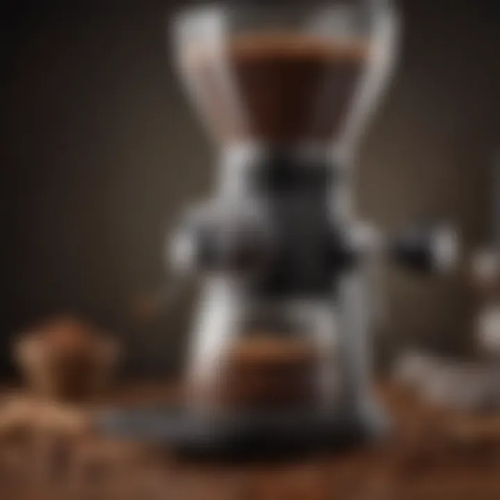 Close-up view of a conical burr coffee grinder showcasing its design and functionality