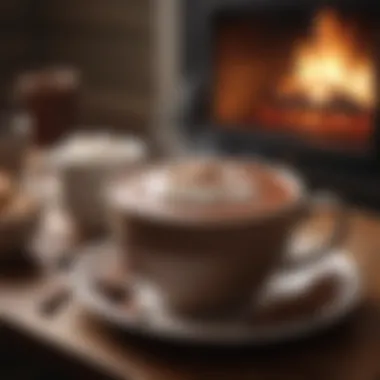Cozy Setting with Spiked Hot Chocolate A cozy setting with a steaming cup of spiked hot chocolate by the fireplace