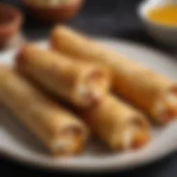 A close-up of golden-brown crab egg rolls arranged elegantly on a plate