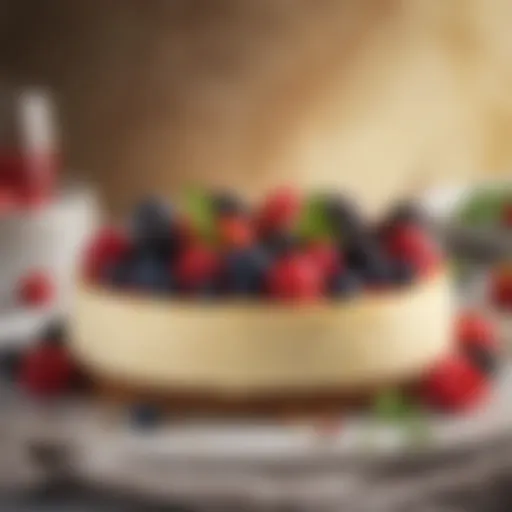 A beautifully arranged cheesecake topped with fresh berries and mint leaves.