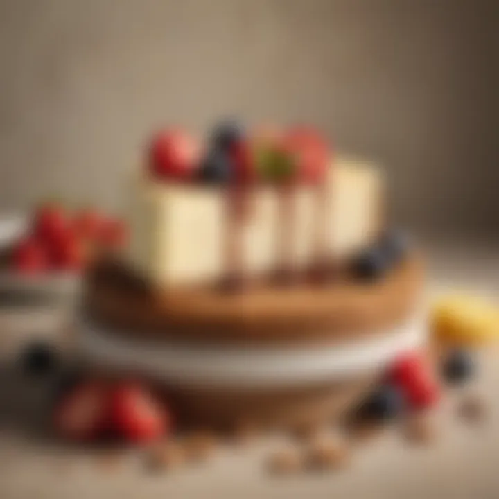 An elegant cheesecake displayed with a graham cracker crust and elegant garnishes.