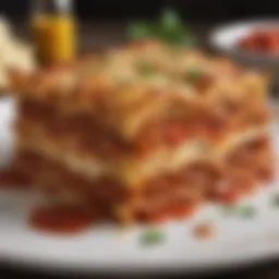 A rich and layered lasagna showcasing vibrant colors of marinara and cheese