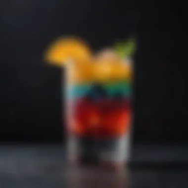A close-up of a beautifully crafted non-alcoholic cocktail with layers and vibrant colors