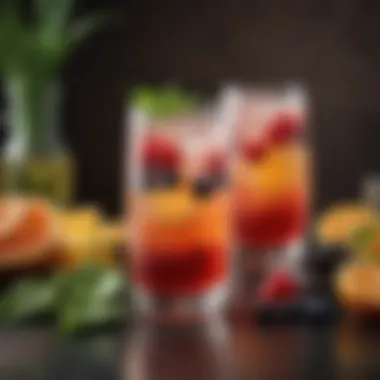 A stylish glass filled with a refreshing non-alcoholic beverage adorned with fruit garnishes