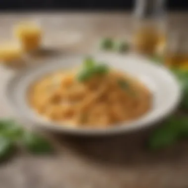 A rich and creamy vegan pasta dish garnished with basil