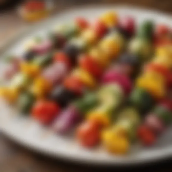 An assortment of colorful vegetable skewers ready for grilling