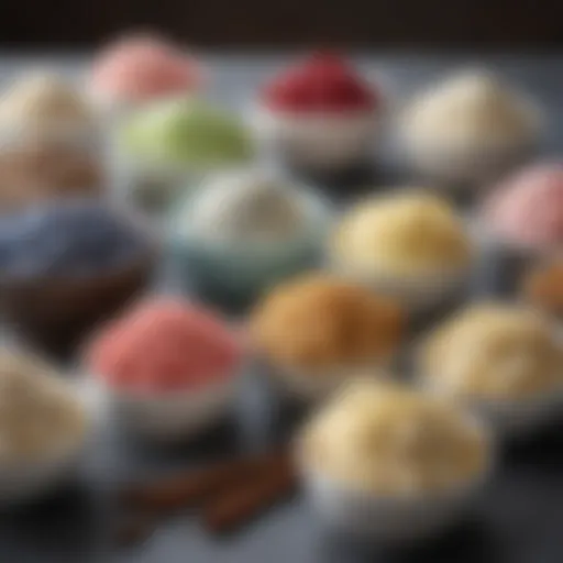 A variety of homemade cake icings displayed in elegant bowls