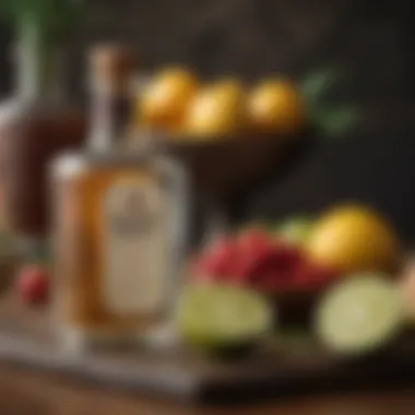 Close-up of premium tequila bottle next to a selection of fresh fruits for cocktail making.