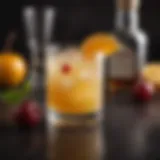 A glass of whiskey sour garnished with a cherry and orange slice