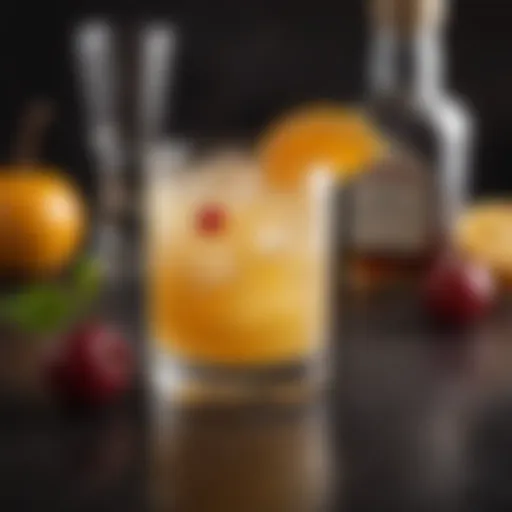 A glass of whiskey sour garnished with a cherry and orange slice