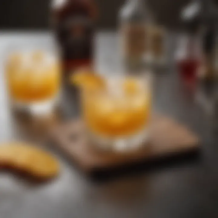 Ingredients laid out for whiskey sour preparation, featuring whiskey and citrus