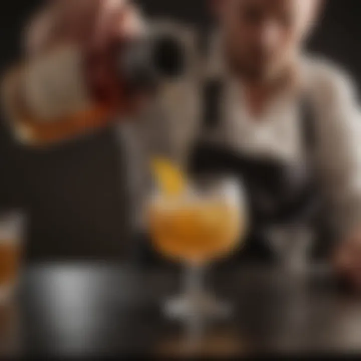 A bartender pouring a pre-made whiskey sour mix into a glass